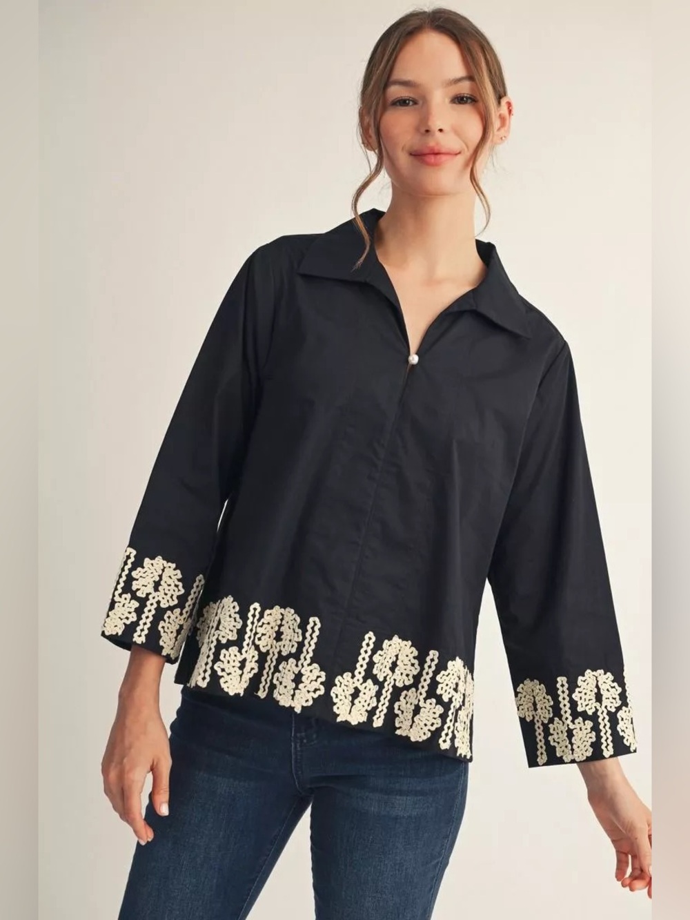 #306 New! Jodifil Black Embroidered Cotton Button-Front Top